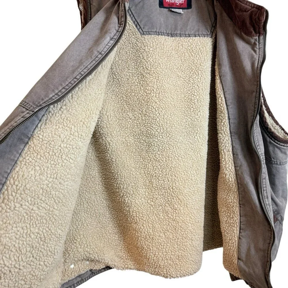 Wrangler Hero Vest Men 2XL Sherpa Lined Faded Brown Corduroy Trim Canvas Y2KW